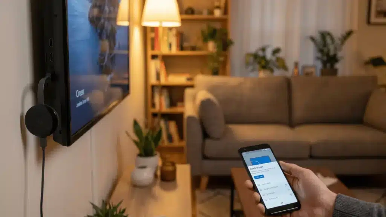 Hand holding a phone ready to cast video to a wall mounted television with a streaming dongle