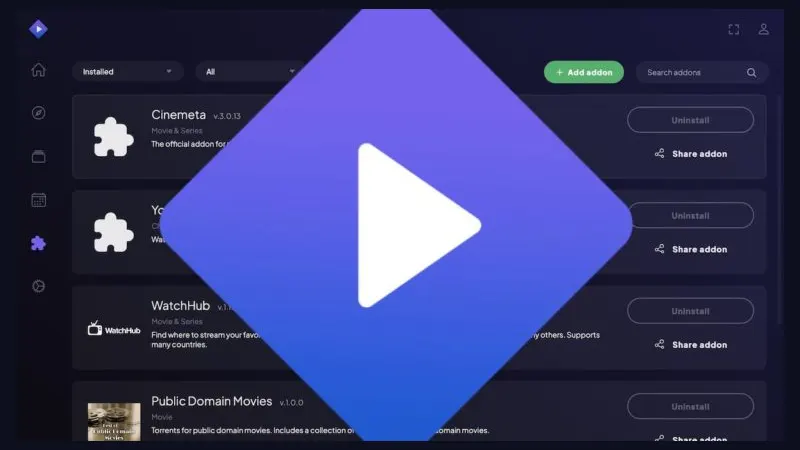Streaming app addons and plugins concept on a screen