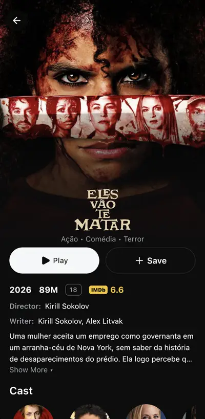 Nuvio TV phone details page for a movie, with Play and Save buttons, year, runtime, rating, director, synopsis and cast