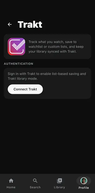 Nuvio TV phone screen for connecting Trakt, explaining watch tracking and watchlist sync, with a Connect Trakt button
