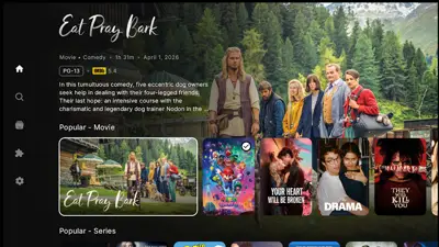 Nuvio TV Android TV details page for a movie comedy, with a large backdrop, synopsis and Popular poster rails below