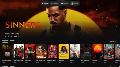 Nuvio TV Android TV home screen with a large movie backdrop, top navigation and a Popular poster rail
