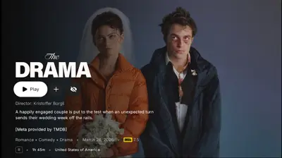 Nuvio TV Android TV details page for a drama, with Play button, director credit, synopsis and metadata notes